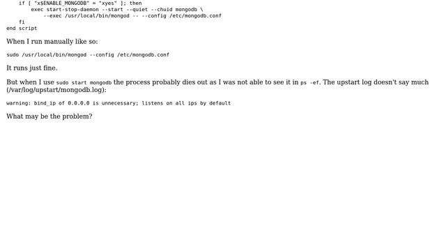 MongoDB manually preparing for upstart but not running