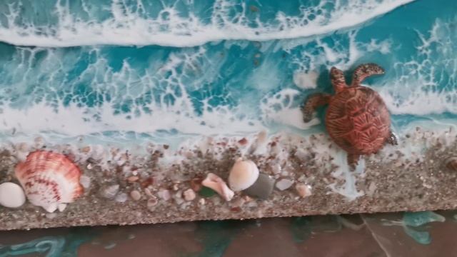 Картина Море из эпоксидной смолы с черепашкой и скатами. 60*40
