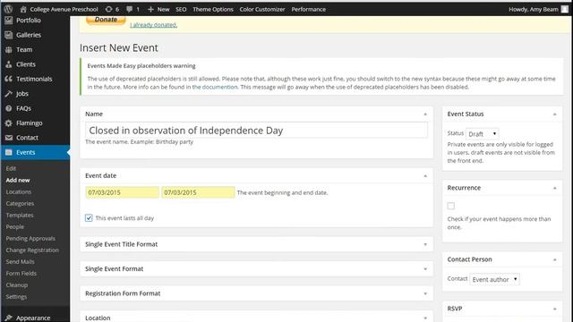 Wordpress - events made easy - add new event