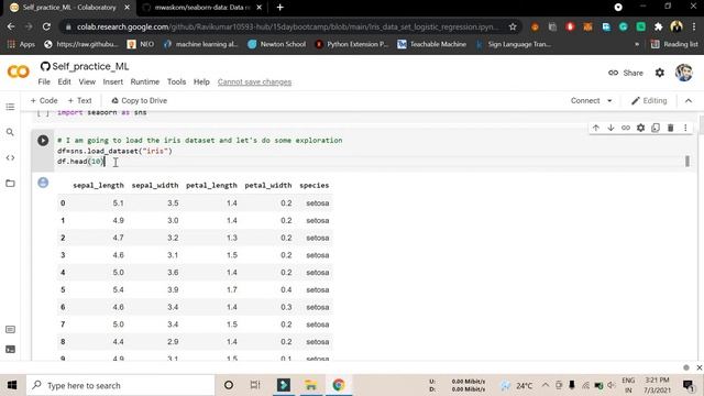 Importing Iris Dataset using seaborn  NULL values  head sample description  Part-4 ML