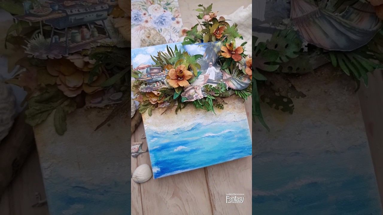 Миксмедийный холст с гибискусами #скрапбукинг #миксмедиа