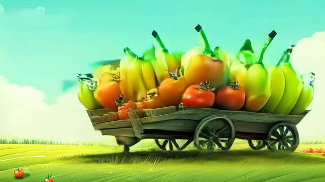 Мультяшные бананы везут помидоры в тележке по полю на рынок