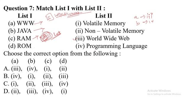 Match List I (WWW, JAVA, RAM, ROM) with List II : || ICT PYQ