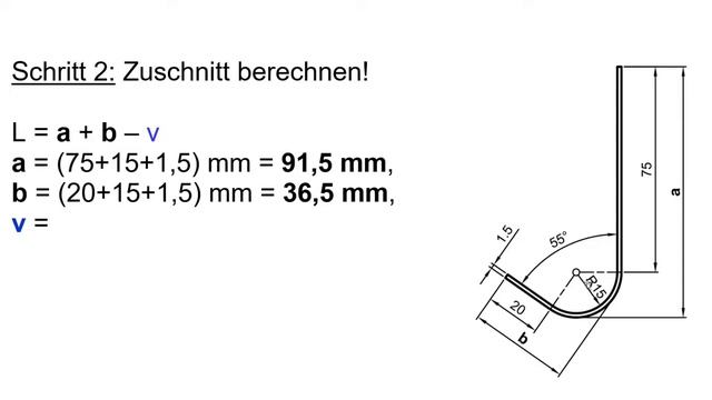 Zuschnitt berechnen - Biegeteil 2 mit β = 55° - über v und k  - mit TR-Umgang -Video 2b- Langversio