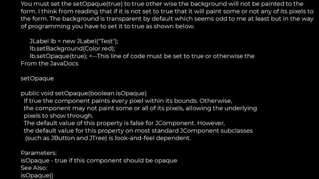 Java :How do I set a JLabel's background color?(5solution)