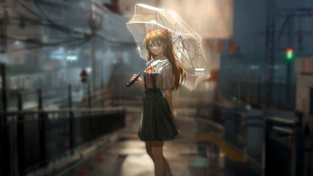 Асука с Зонтиком | Asuka with Umbrella In The Rain | Neon Genesis Evangelion - Живые Обои