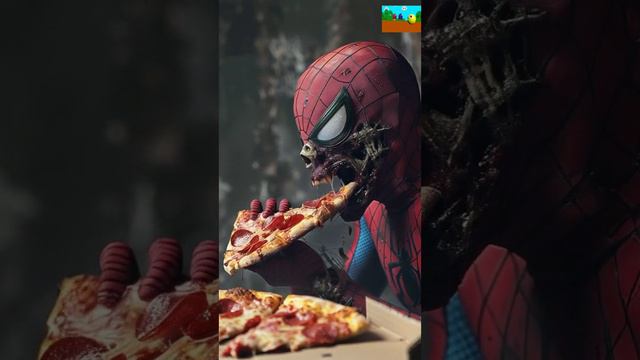 Человек-паук зомби кричит и ест пиццу