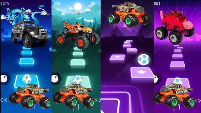Monster Trucks : Police Truck- Shark Truck- Hot Wheels Monster Truck- Dinosaur Truck -- Tiles hop