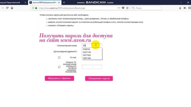 как получить пароль от личного кабинета Avon.