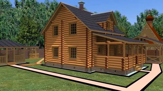 Деревянный полутороэтажный дом с большой рубленой верандой "Светлана"