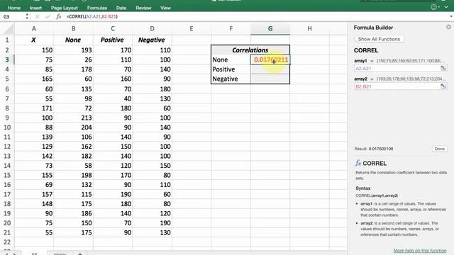 Using Excel to calculate a correlation coefficient || interpret relationship between variables