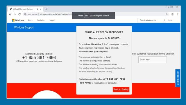 Google search results redirect to a Tech Support Scam