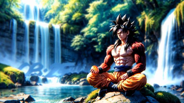Гоку Супер Сайян 4 Медитация на Фоне Водопада | Goku Meditating | Super Saiyan 4 - Живые Обои