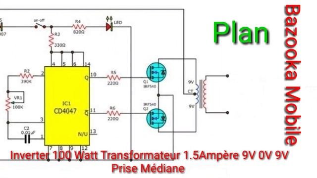 Inverter 100 Watt Transformateur 1.5 Ampère 9V 0V 9V Prise Médiane