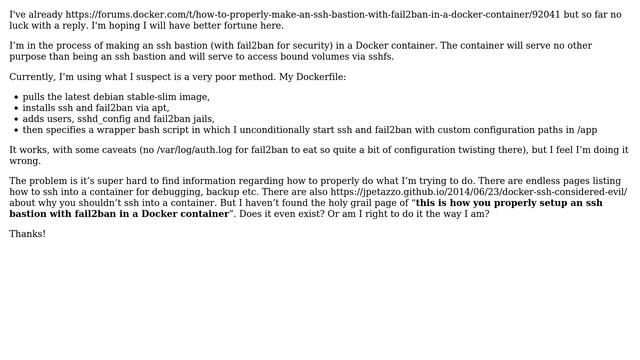 How to properly make an ssh bastion, with fail2ban, in a Docker container?