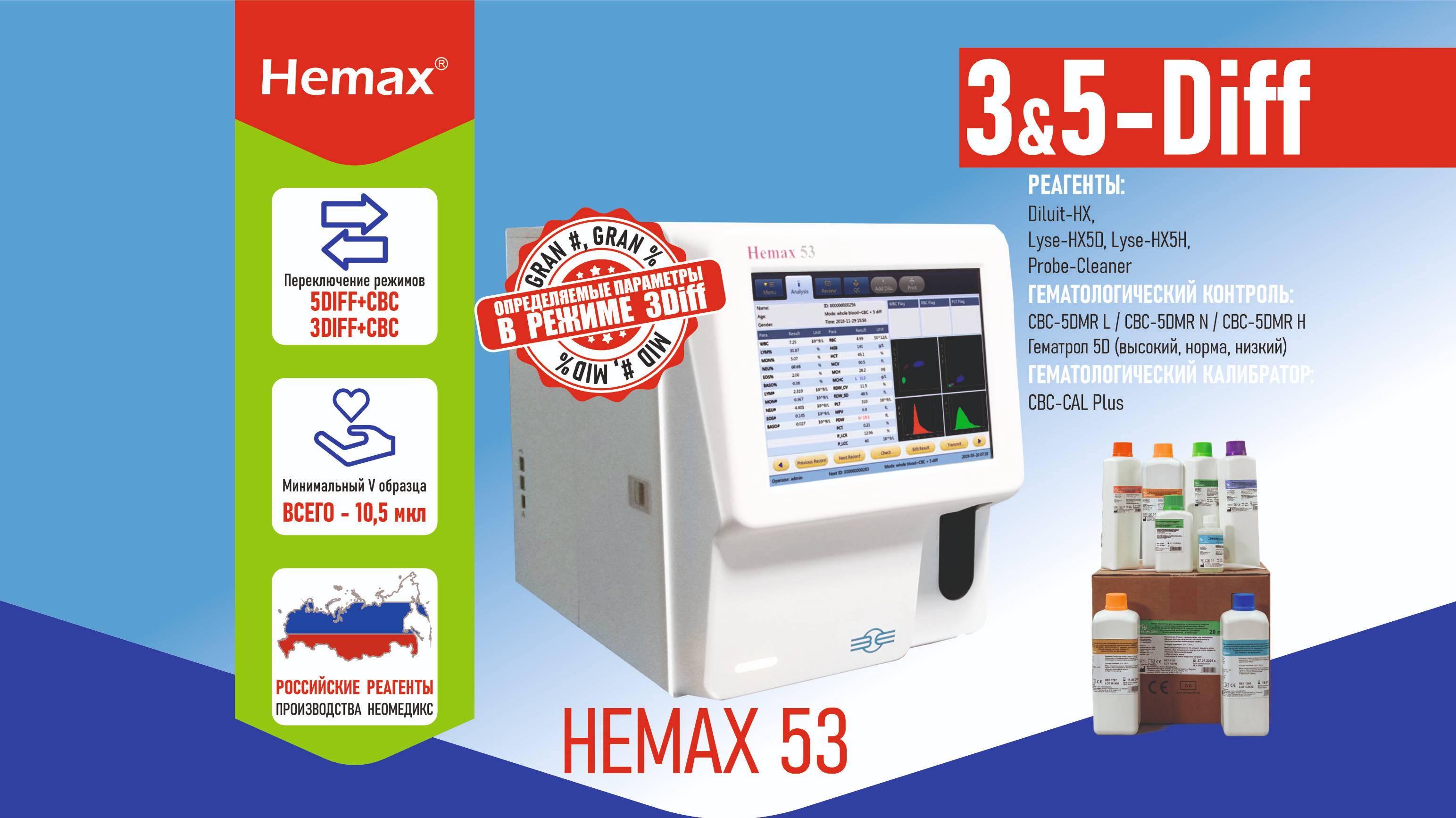 Комбинированный Анализатор автоматический гематологический Hemax 53