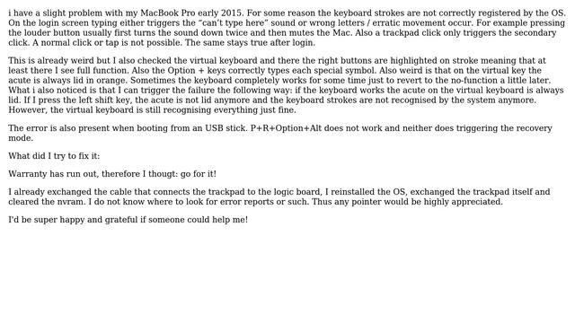 Apple: Keyboard and Trackpad behave erratic MacBook Pro 13 (early 2015)
