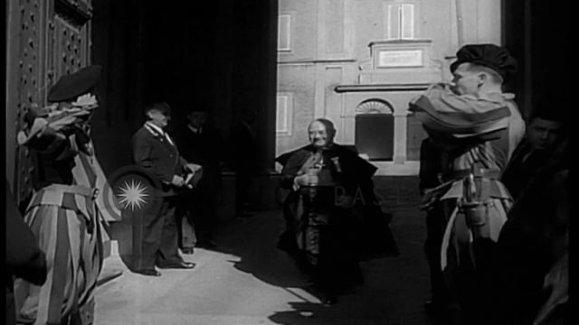 Pope Pius XII greeted by pilgrims and Francis Cardinal Spellman after his recover...HD Stock Footag