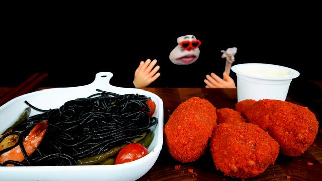 ASMR MUKBANG :) Squid Ink Black Pasta & Cheetos Chicken Eating Show!