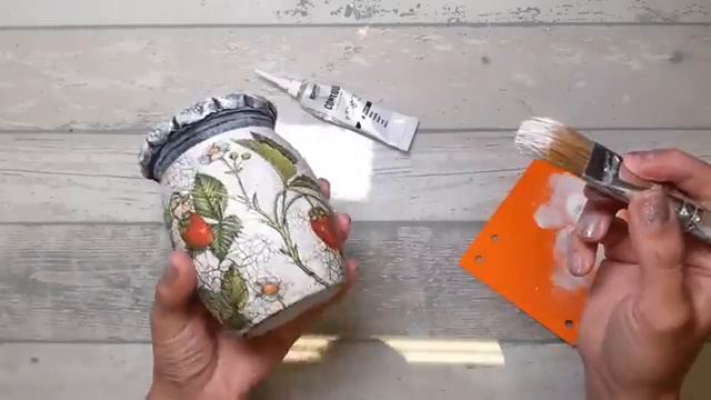 Decoupage jar with handmade strawberries