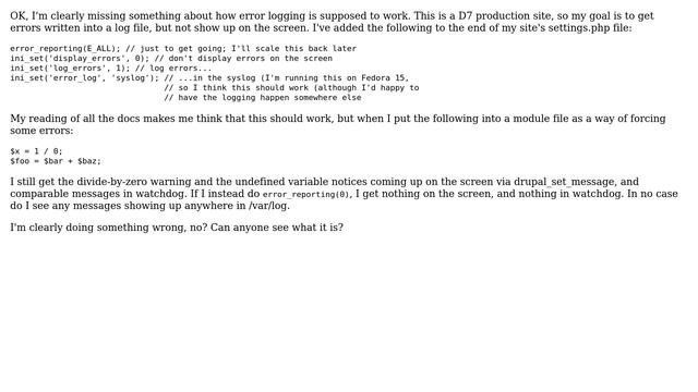 Drupal: How to get php error logging working properly in a production site?