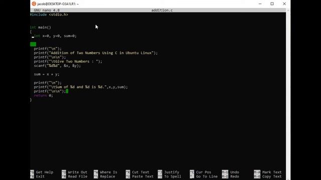 Addition of Two Numbers Using C in Ubuntu Linux