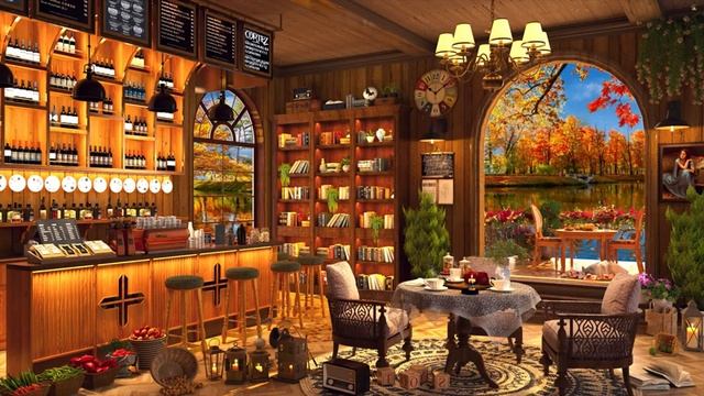 Relaxing November Fall Morning in 4k Bookstore Cafe Ambience ☕ Soft Jazz Instrumental Music to Stud