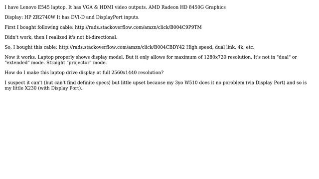 Connecting Lenovo E545 laptop to HP ZR2740W display - low resolution