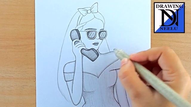 How to draw a Cute Girl with telephone || Pencil step by step drawing || Easy drawing || Drawing