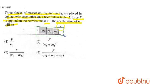Three block of masses `m_(1),m_(2)` and `m_(3)` kg are placed in contact with each other on