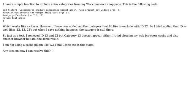 Wordpress: Woocommerce filter function not updating