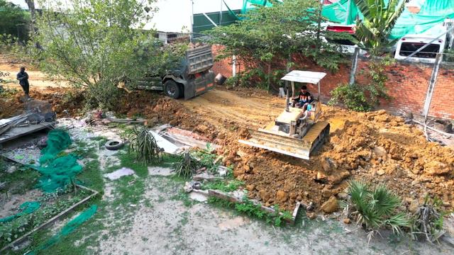 Incredible Bulldozer Komatsu Pushing Stone into House many Dumps truck 5T Unloading Ground Grading