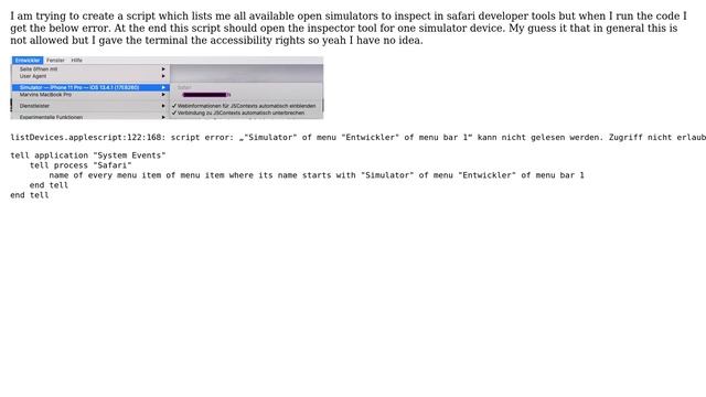 Apple: Trying to access Safari developer tools prints "Access not allowed (-1723)"