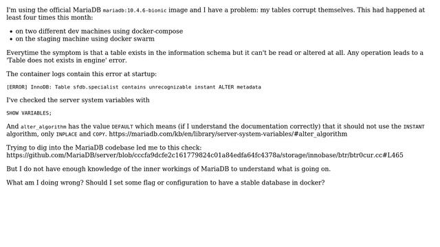 MariaDB on docker keeps corrupting data