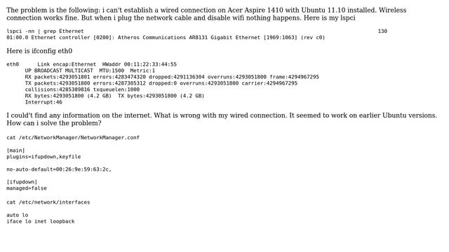 Ubuntu: Problems with wired network on acer aspire 1410