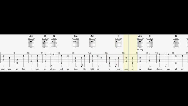 Greensleeves - TABS Play Along Melody with Lyrics