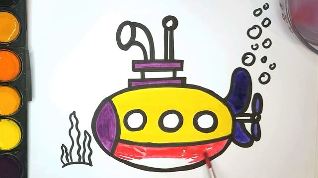 Submarine ??Drawing Painting Coloring for Kids and Toddlers with watercolors. How to Draw Togethe