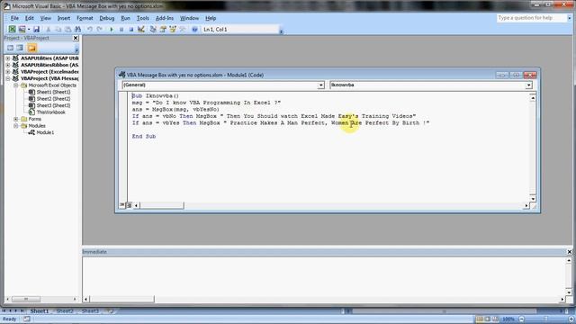 VBA : VBA  Code For Creating a  Message Box In Excel With  Yes/ No Options (English)