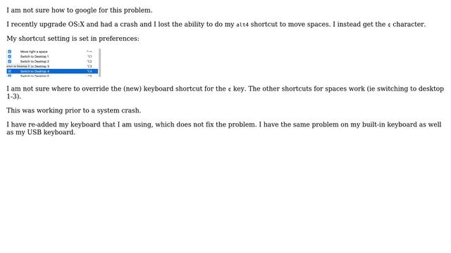 Apple: Mac keyboard shortcut for Alt+4 now resolving to