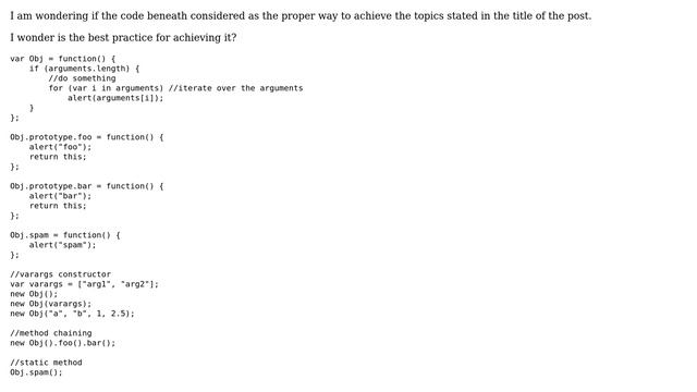 Javascript - varargs constructors method chaining and static methods