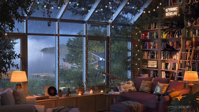 Glass House Home Library Room with Rain and Thunder Sounds