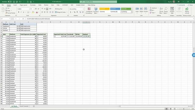 Using Excel to Sum Advertising Expense by Media
