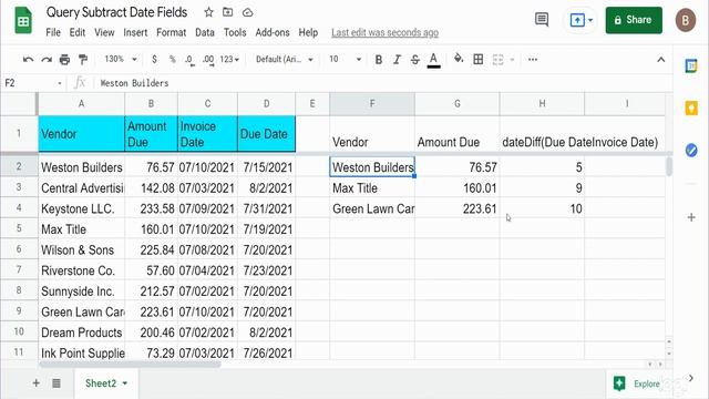 Google Sheets Query Subtract Date Fields