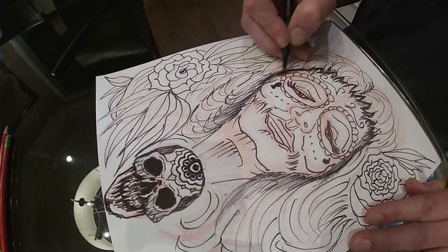 Dia De Los Muertos Face Sketch Timelapse in progress, Sketching Tattoo Style Face
