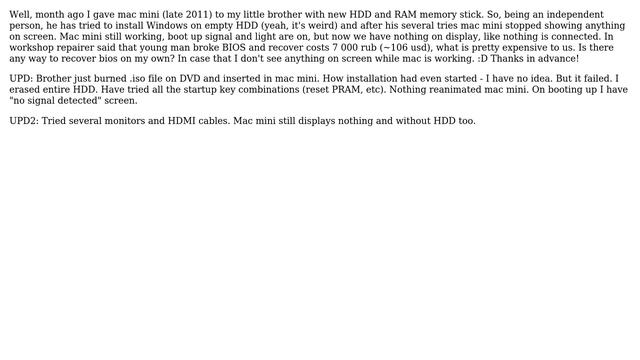 Apple: Recover mac mini broken BIOS (mac mini displays nothing)