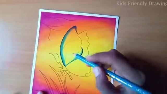Easy Butterfly Scenery Drawing with Oil Pastels - Step by Step
