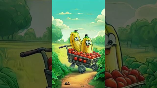 Мультяшные бананы везут помидоры в тележке по полю на рынок
