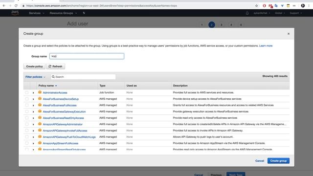 Preparing AWS for kops, create user and group on AWS