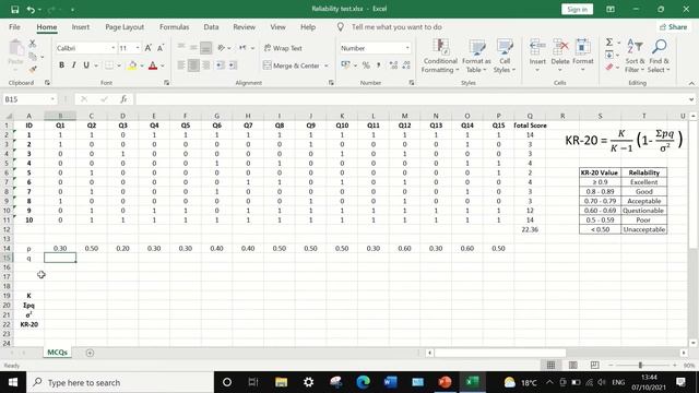 Exam questions MCQs Reliability test s in Excel using Kuder Richardson Formula 20 (KR-20)
