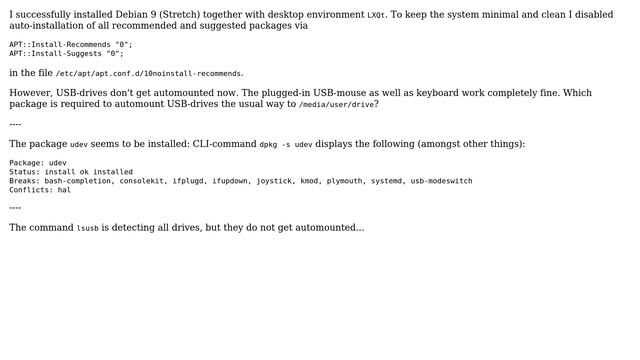 Unix & Linux: Debian 9: Which package is required to automount USB-drives?
